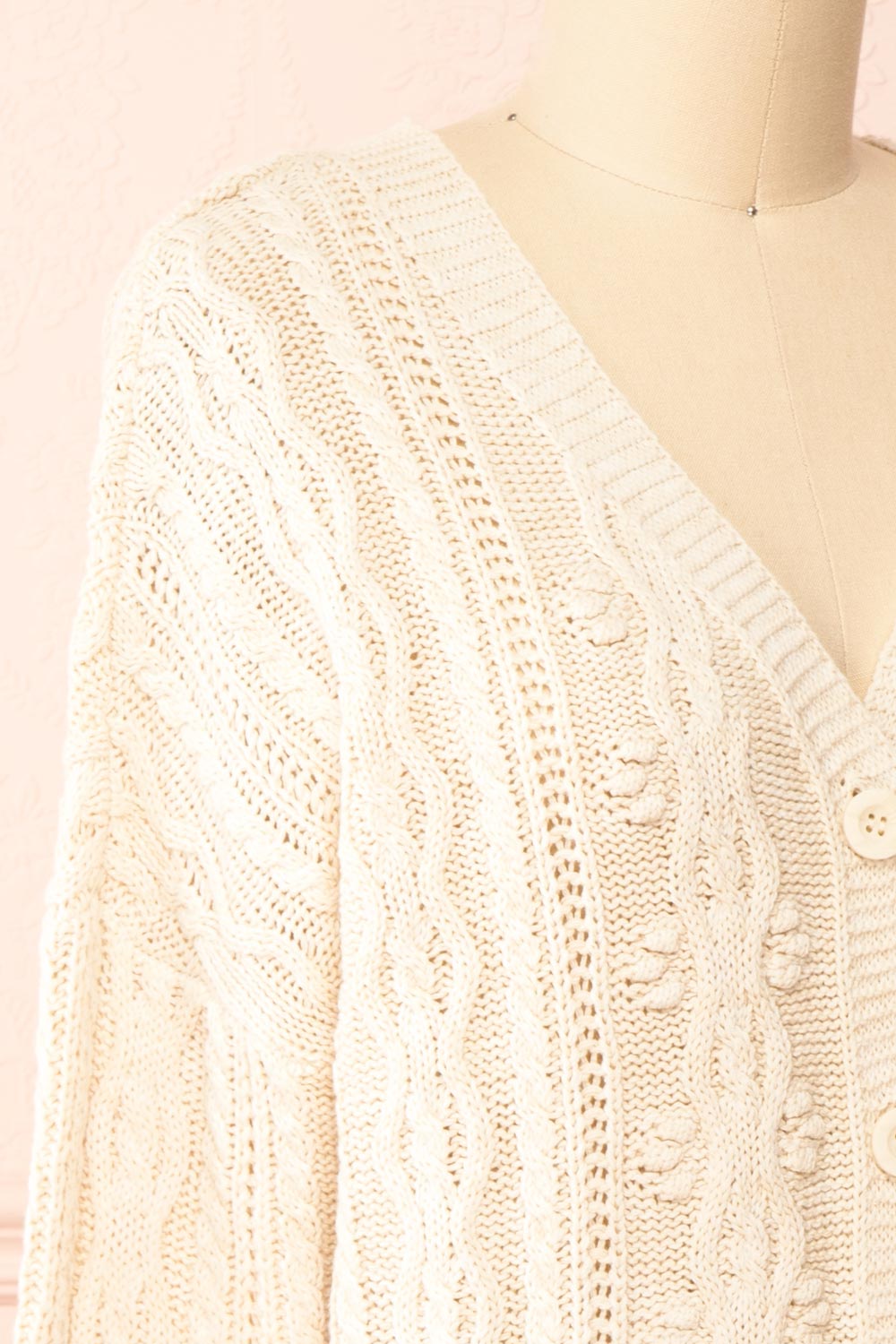 Akao Beige Cable Knit Cardigan | Boutique 1861 side close-up