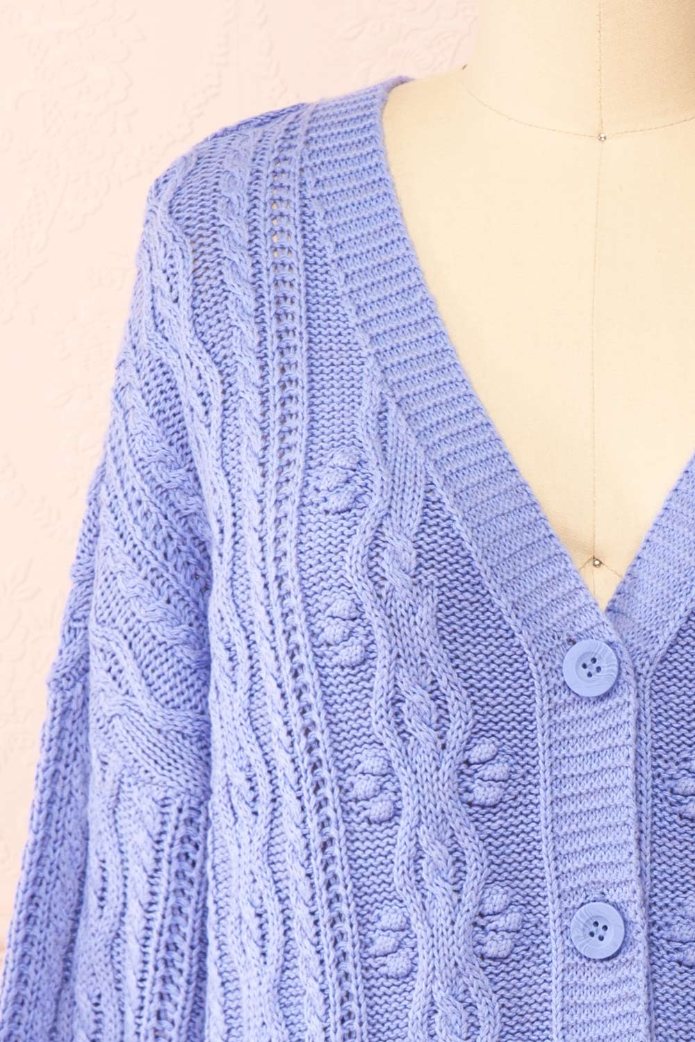 Akao Lavender Cable Knit Cardigan | Boutique 1861 front close-up