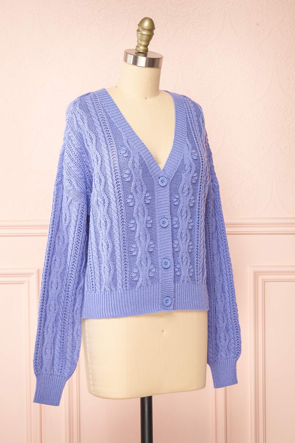 Akao Lavender Cable Knit Cardigan | Boutique 1861 side view