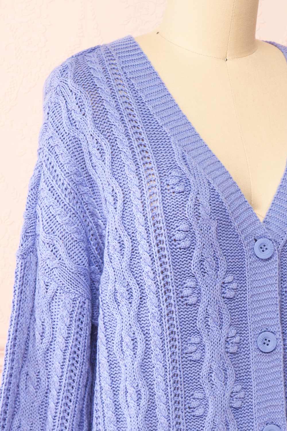 Akao Lavender Cable Knit Cardigan | Boutique 1861 side close-up