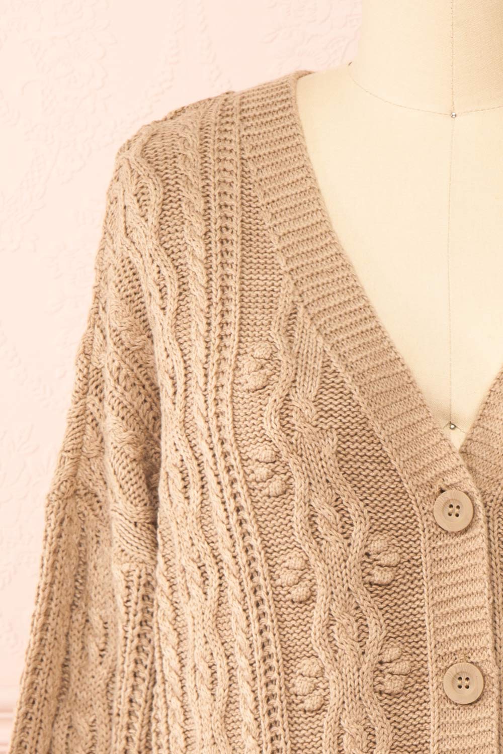 Akao Taupe Cable Knit Cardigan | Boutique 1861 front close-up