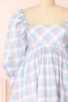 Akemii Blue Plaid Square Neck Short Dress | Boutique 1861  front close-up