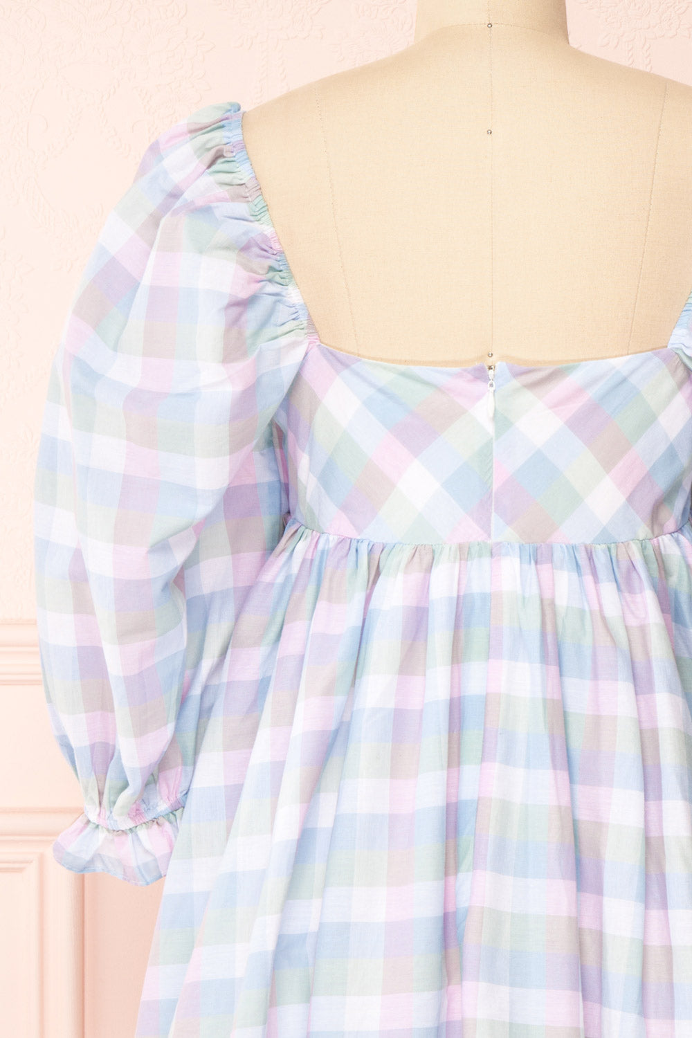 Akemii Blue Plaid Square Neck Short Dress | Boutique 1861  back close-up
