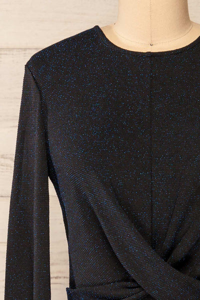 Alcobendas Blue Sparkling Short Dress w/ Long Sleeves | La petite garçonne front close-up