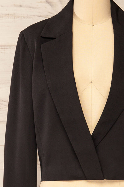 Alcorcon Black Cropped Blazer w/ Notched Lapels front close-up