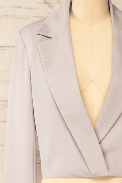 Alcorcon Grey Cropped Blazer w/ Notched Lapels front close-up