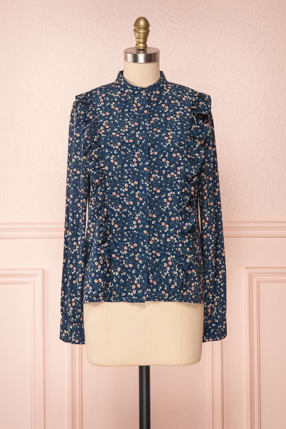 Aleah Navy Blue Floral Long Sleeved Shirt with Ruffles | FRONT VIEW | Boutique 1861