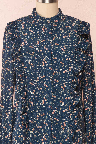 Aleah Navy Blue Floral Long Sleeved Shirt with Ruffles | FRONT CLOSE UP | Boutique 1861