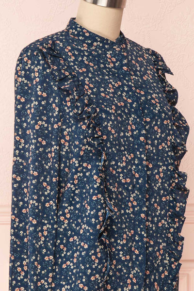 Aleah Navy Blue Floral Long Sleeved Shirt with Ruffles | SIDE CLOSE UP | Boutique 1861