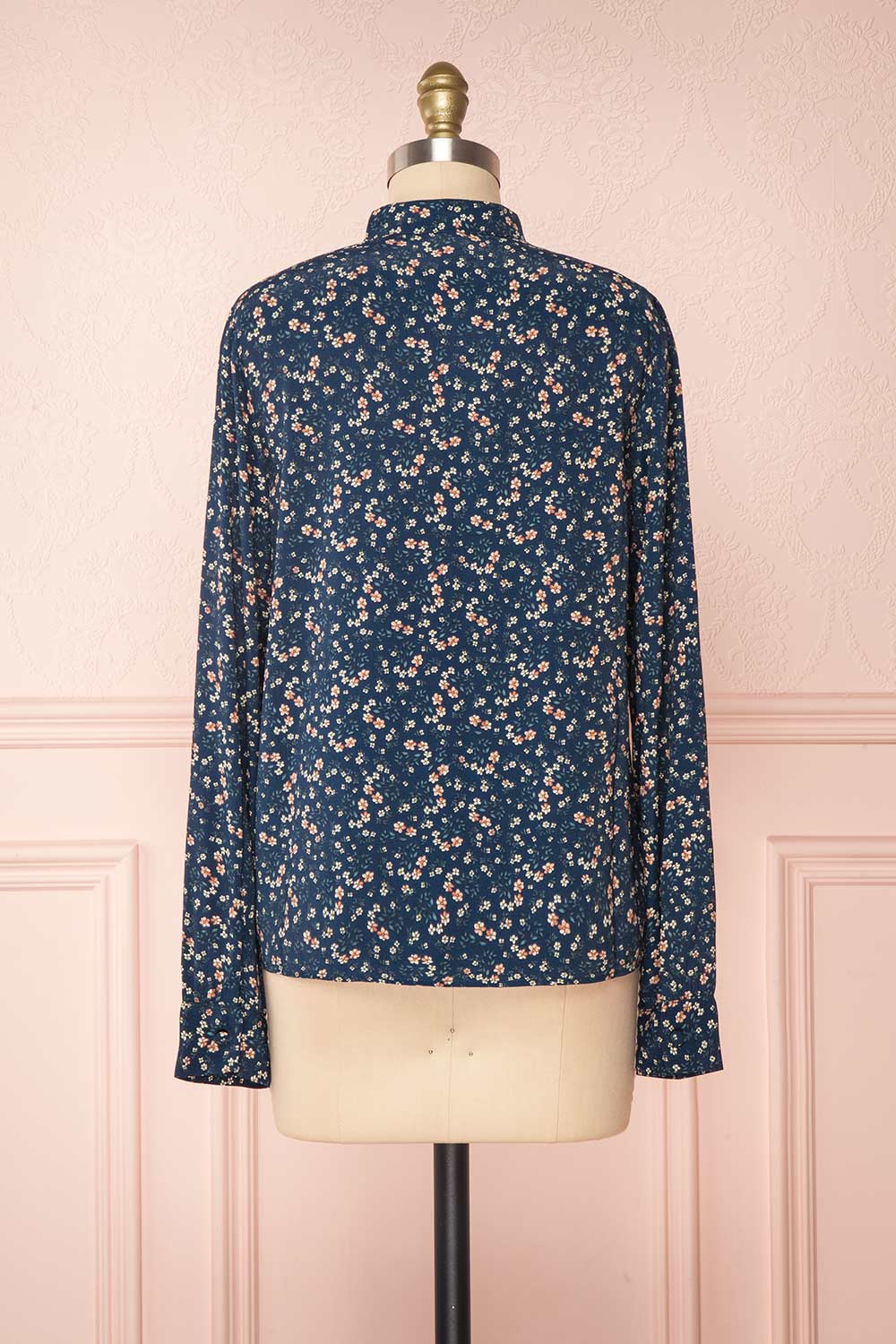 Aleah Navy Blue Floral Long Sleeved Shirt with Ruffles | BACK VIEW | Boutique 1861