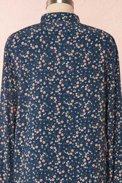 Aleah Navy Blue Floral Long Sleeved Shirt with Ruffles | BACK CLOSE UP | Boutique 1861