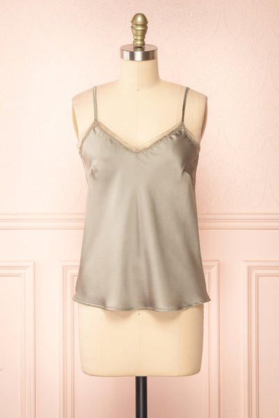 Alexa Green Satin Cami Top w/ Lace Trim | Boutique 1861 front view