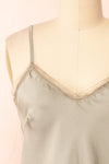 Alexa Green Satin Cami Top w/ Lace Trim | Boutique 1861 front close-up