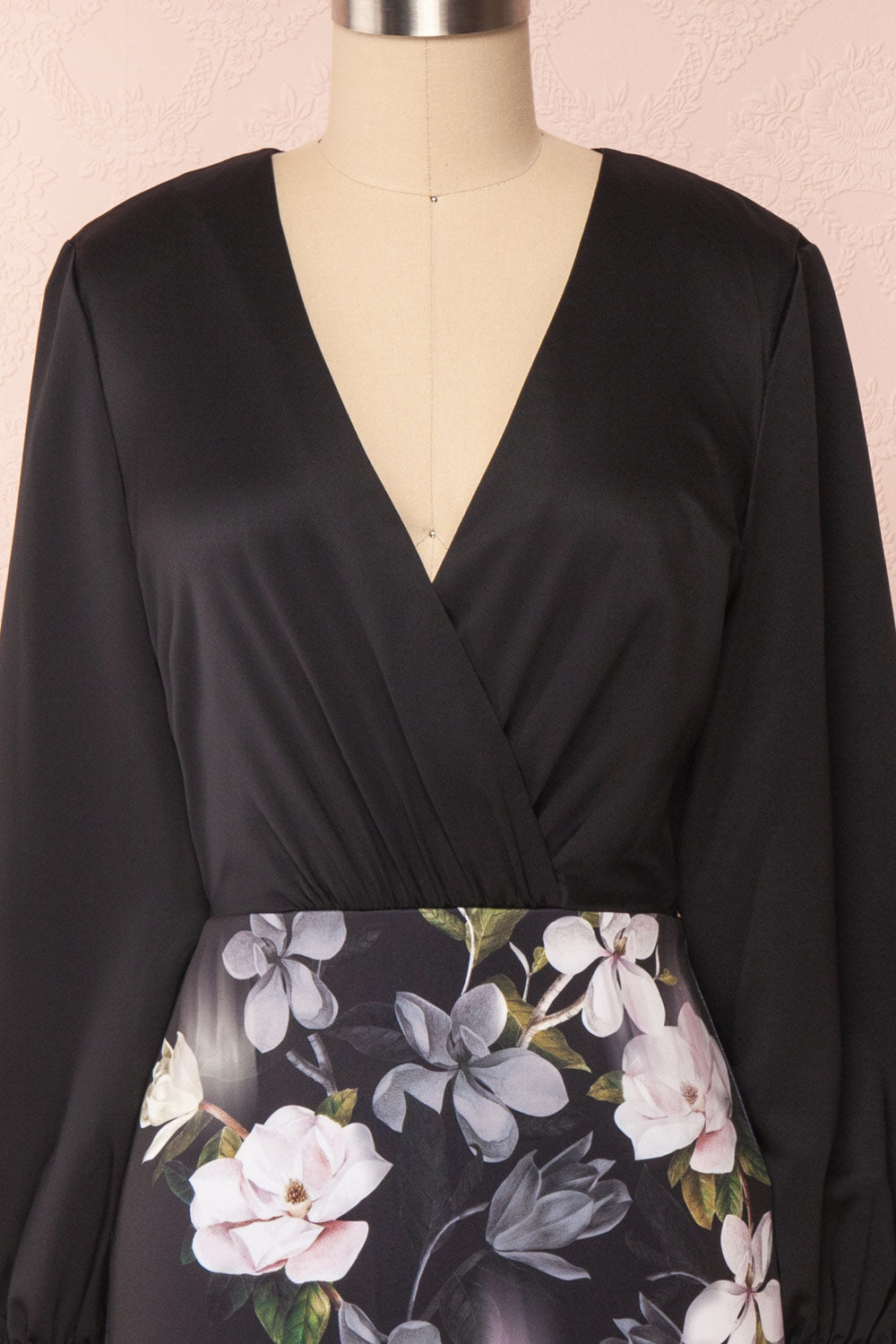 Alexina Black Floral Fitted Ted Baker Cocktail Dress | Boutique 1861 front close-up
