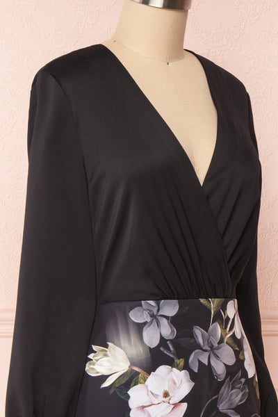 Alexina Black Floral Fitted Ted Baker Cocktail Dress | Boutique 1861 side close-up