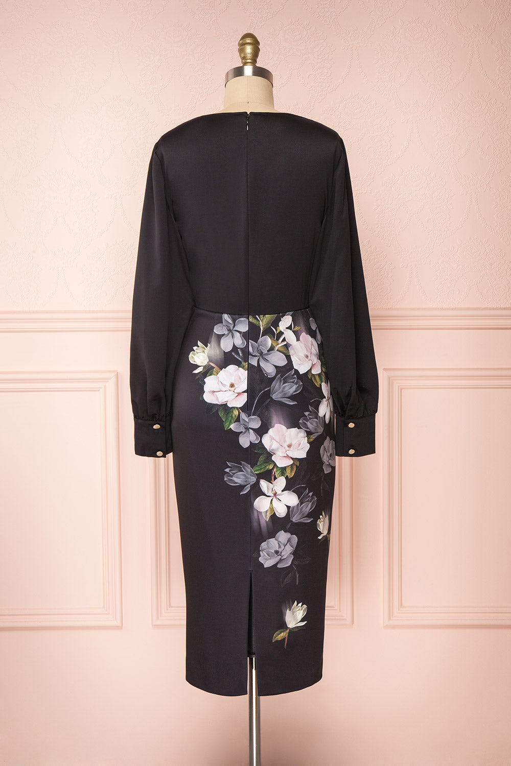 Alexina Black Floral Fitted Ted Baker Cocktail Dress | Boutique 1861 back view 