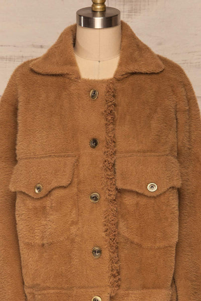 Alfonsia Brown Fuzzy Jacket w/ Buttons front close up closed | La Petite Garçonne