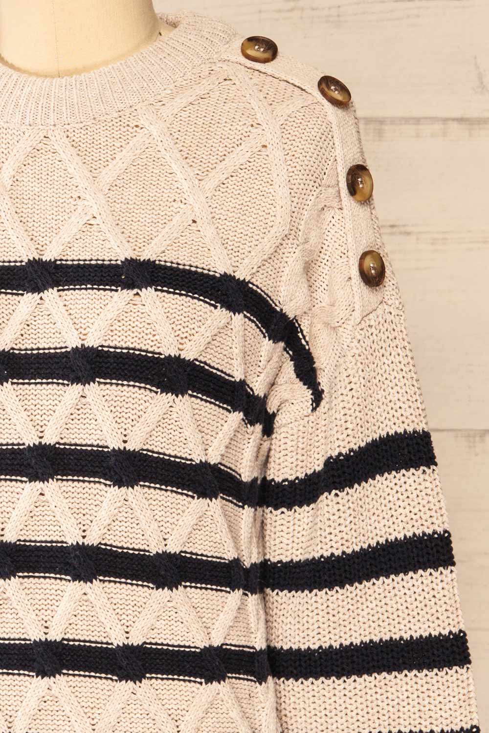 Algesiras Beige Diamond Knit Striped Sweater | La petite garçonne side close-up