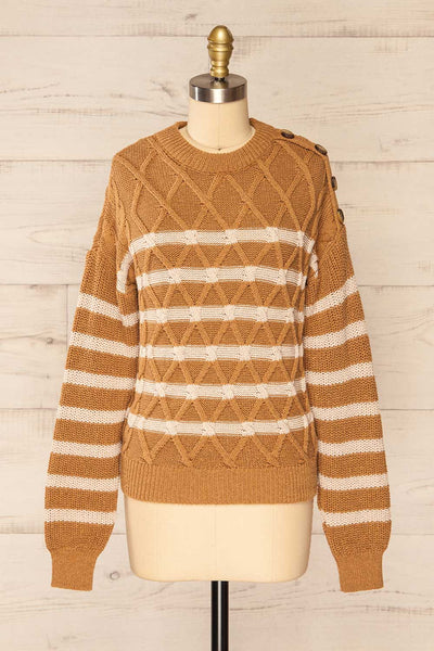 Algesiras Caramel Diamond Knit Striped Sweater | La petite garçonne front view