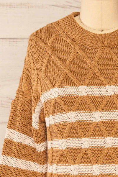 Algesiras Caramel Diamond Knit Striped Sweater | La petite garçonne front close-up
