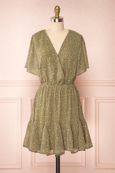 Alicanto Green Patterned Short Faux Wrap Dress | Boutique 1861 front view