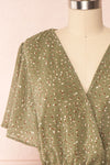 Alicanto Green Patterned Short Faux Wrap Dress | Boutique 1861 front close up