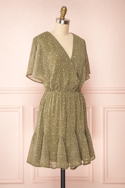 Alicanto Green Patterned Short Faux Wrap Dress | Boutique 1861 side view