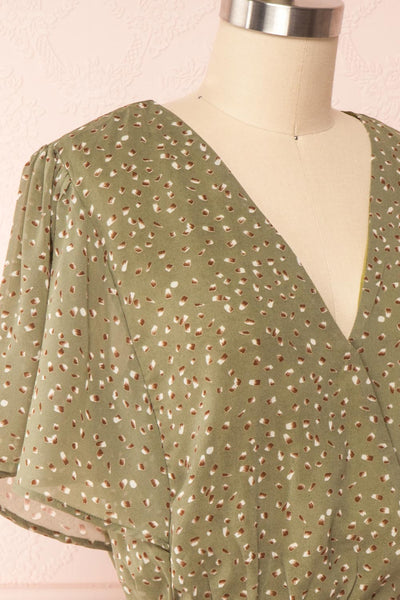 Alicanto Green Patterned Short Faux Wrap Dress | Boutique 1861 side close up
