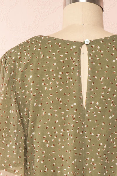 Alicanto Green Patterned Short Faux Wrap Dress | Boutique 1861 back close up