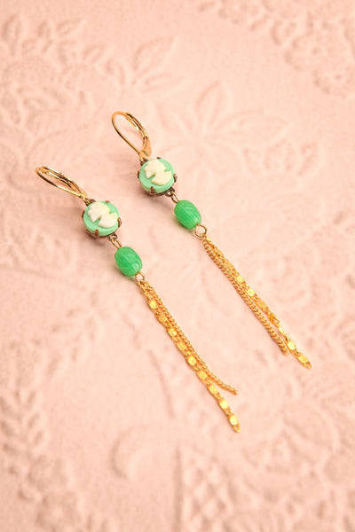 Alice Guy Green Cameo Golden Pendent Earrings | Boutique 1861