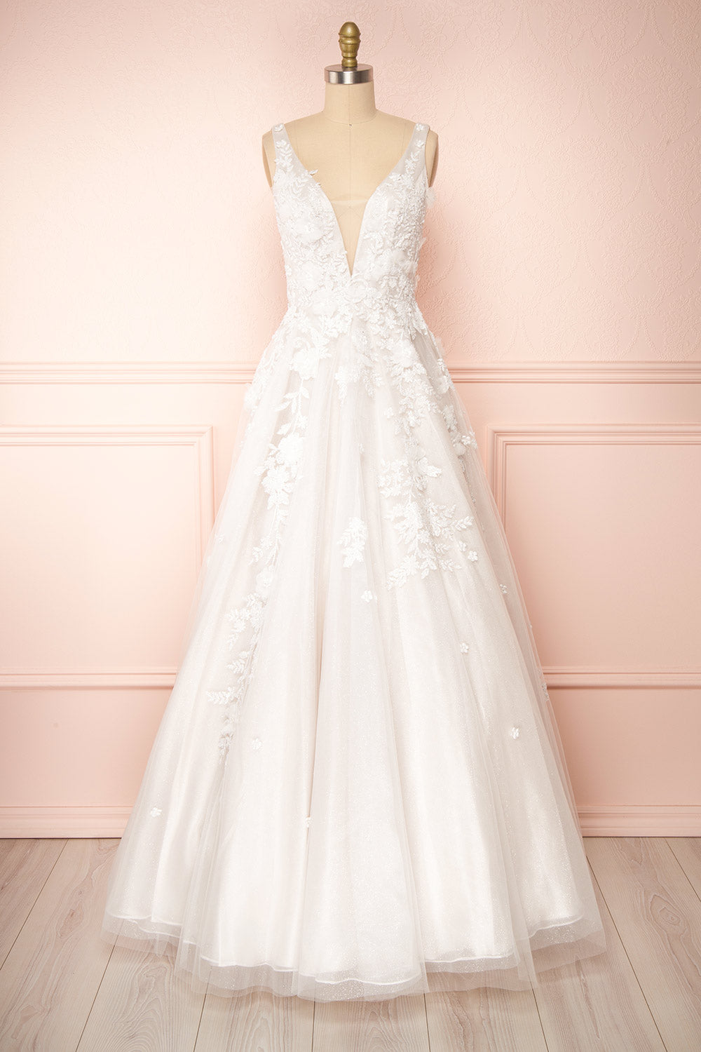 Alida White Embroidered V-Neck Tulle Bridal Dress | Boudoir 1861 front view 