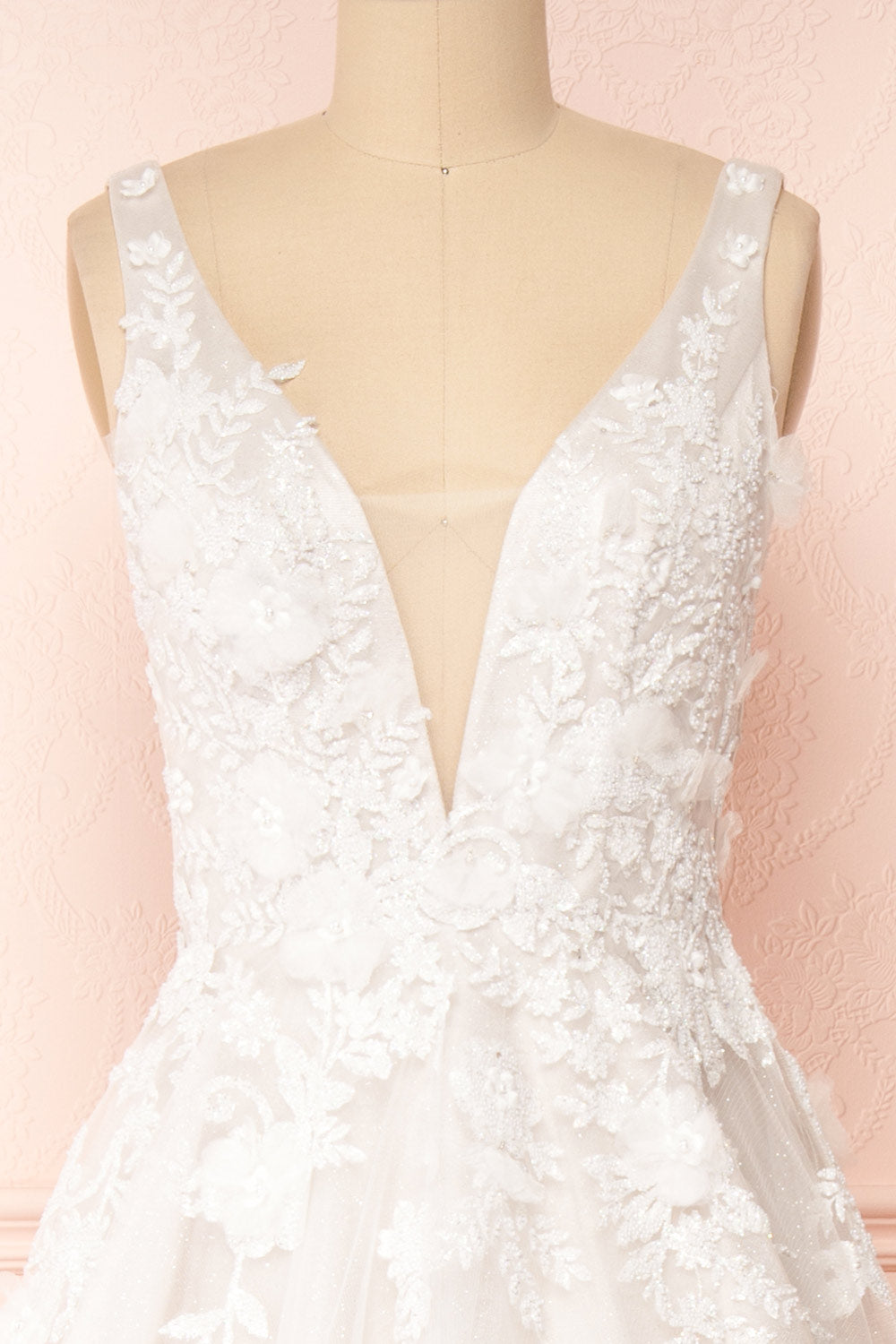 Alida White Embroidered V-Neck Tulle Bridal Dress | Boudoir 1861 front close-up