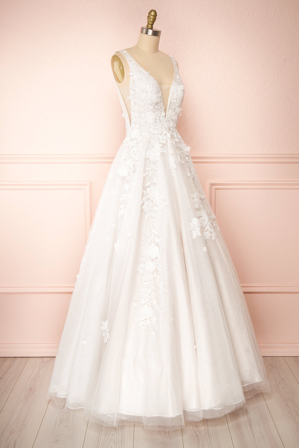 Alida White Embroidered V-Neck Tulle Bridal Dress | Boudoir 1861 side view 