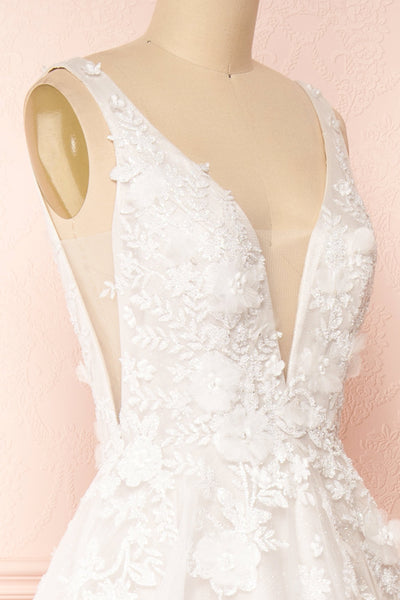 Alida White Embroidered V-Neck Tulle Bridal Dress | Boudoir 1861 side close-up