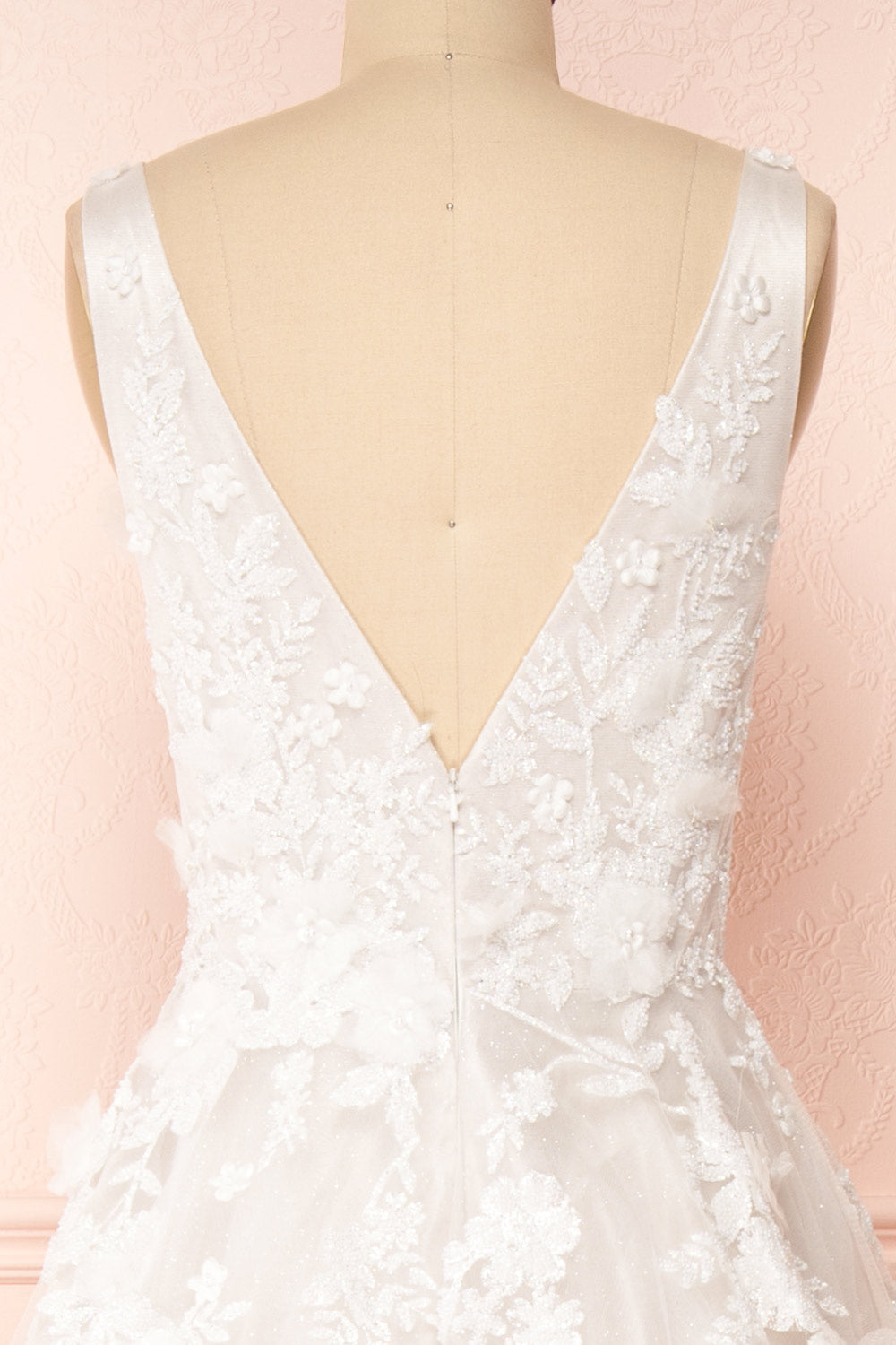 Alida White Embroidered V-Neck Tulle Bridal Dress | Boudoir 1861 back close-up