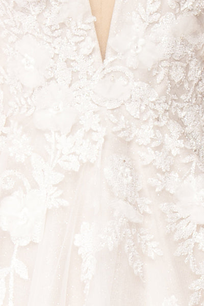 Alida White Embroidered V-Neck Tulle Bridal Dress | Boudoir 1861 fabric
