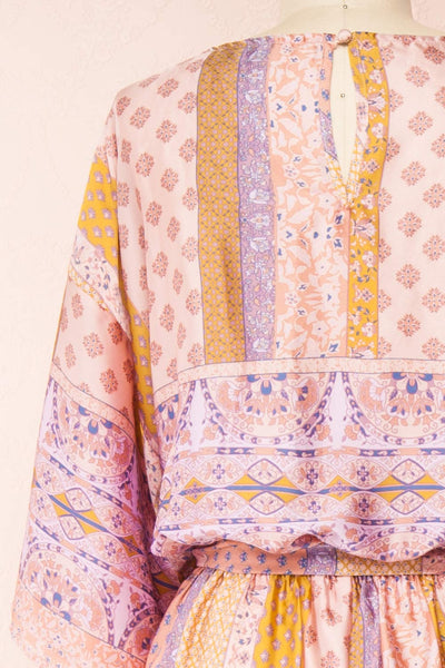Aliie Pink Patterned Faux Wrap Jumpsuit | Boutique 1861 back close-up
