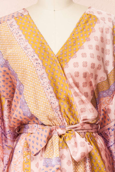 Aliie Pink Patterned Faux Wrap Jumpsuit | Boutique 1861 front close-up