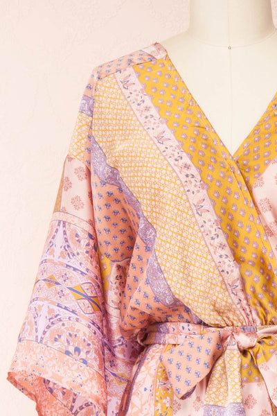 Aliie Pink Patterned Faux Wrap Jumpsuit | Boutique 1861 close-up