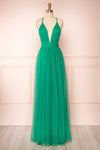 Aliki Light Green Plunging Neck Tulle Maxi Dress | Boutique 1861 front view