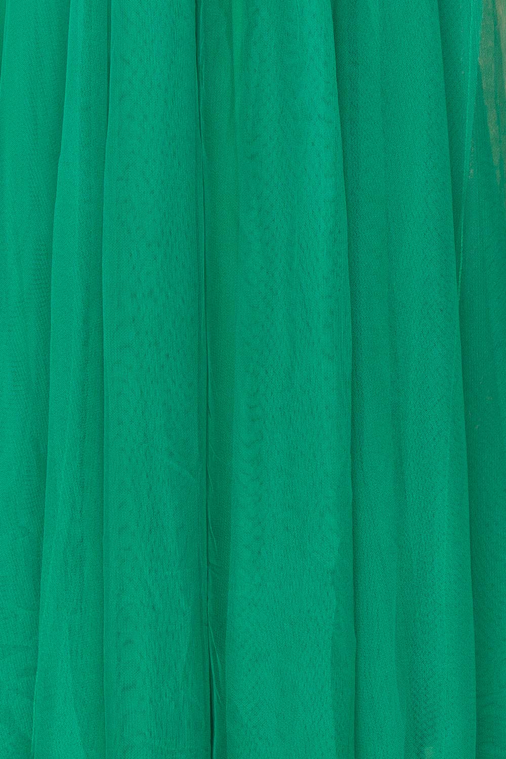 Aliki Light Green Plunging Neck Tulle Maxi Dress | Boutique 1861 fabric