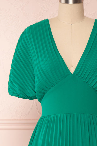 Alisha Emeraude Green Pleated A-Line Midi Dress | Boutique 1861 front close-up