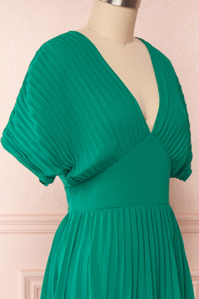 Alisha Emeraude Green Pleated A-Line Midi Dress | Boutique 1861 side close-up