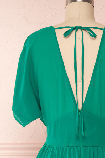 Alisha Emeraude Green Pleated A-Line Midi Dress | Boutique 1861 back close-up