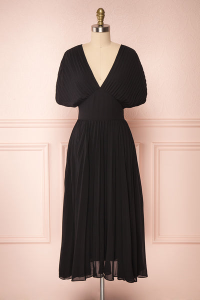 Alisha Onyx Black Pleated A-Line Midi Dress | Boutique 1861 front view