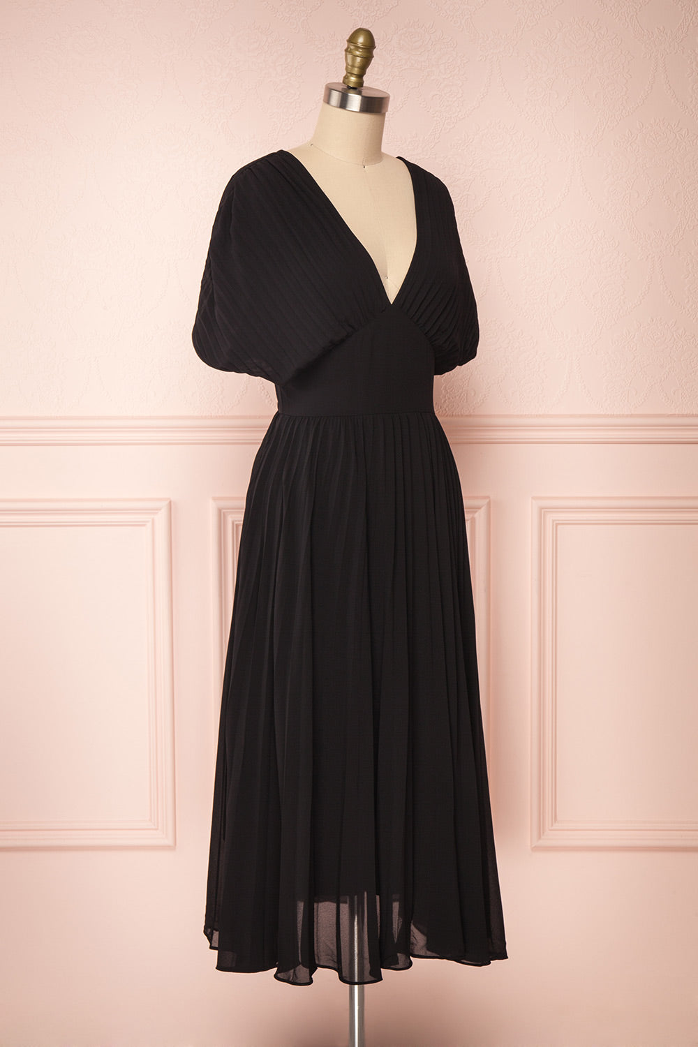 Alisha Onyx Black Pleated A-Line Midi Dress | Boutique 1861 side view