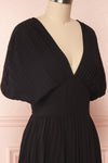 Alisha Onyx Black Pleated A-Line Midi Dress | Boutique 1861 side close-up