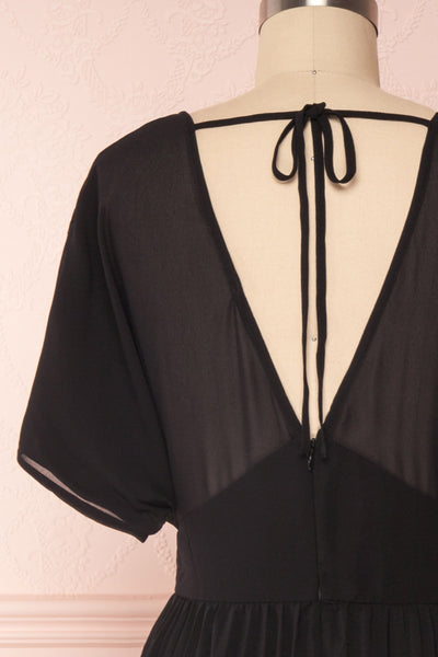 Alisha Onyx Black Pleated A-Line Midi Dress | Boutique 1861 back close-up