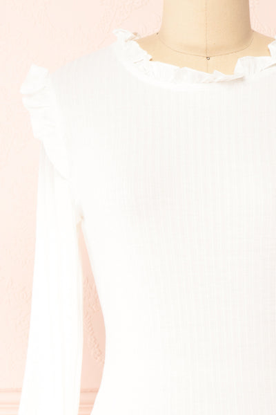Alison Long Sleeve White Top w/ Ruffle Detail | Boutique 1861 front close-up