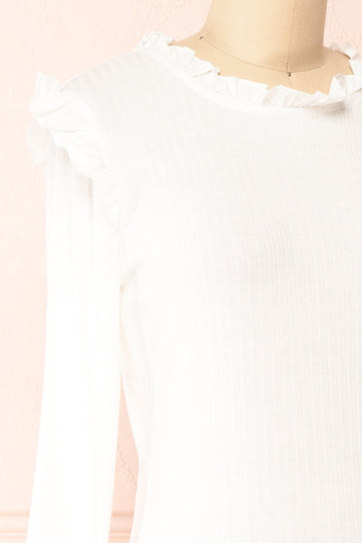 Alison Long Sleeve White Top w/ Ruffle Detail | Boutique 1861 side close-up